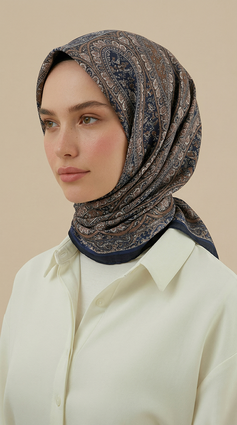 Karaca Eşarp ŞAL EŞARP VİRELLA 120*120 CM COTTON ŞAL EŞARP - LACİVERT / BEJ