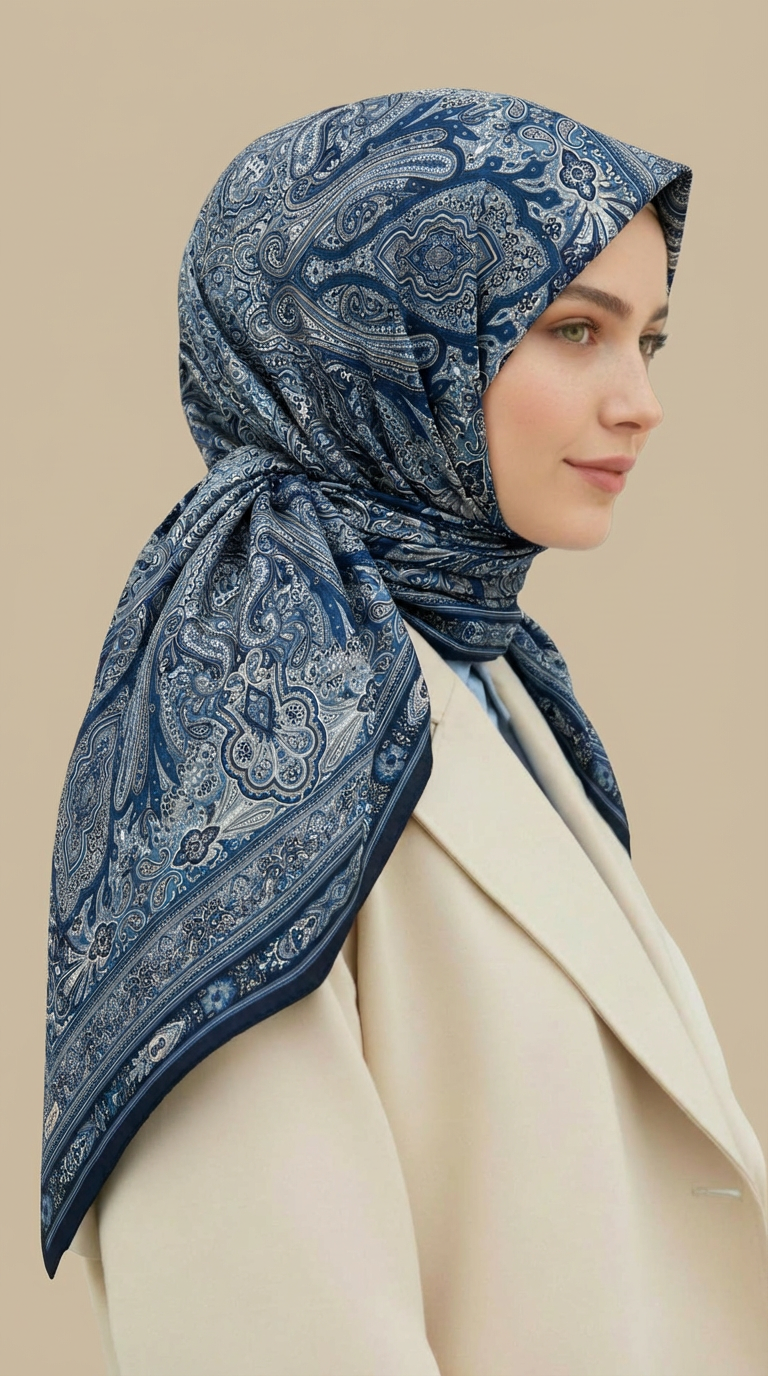 Karaca Eşarp ŞAL EŞARP ZÜMRÜT DESENLİ 120 CM COTTON ŞAL EŞARP - MAVİ