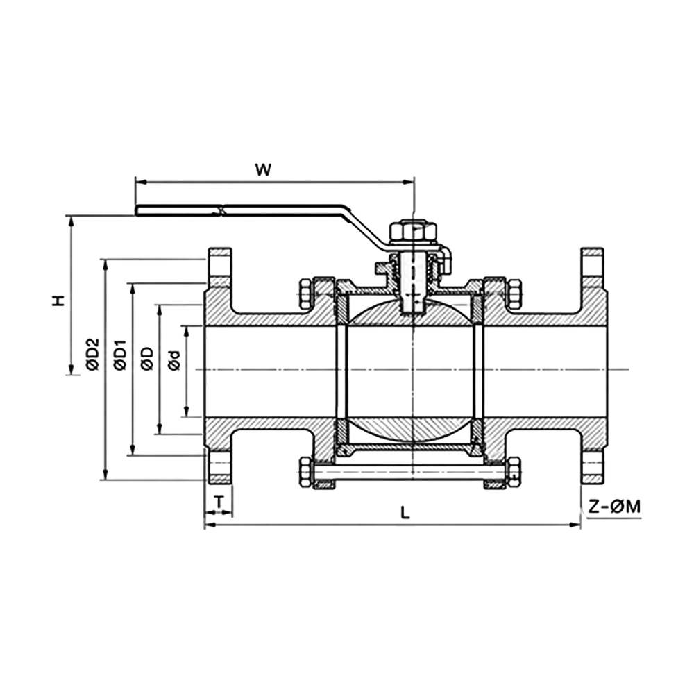 3 Parçalı Flanşlı Küresel Vana Teknik Çizim