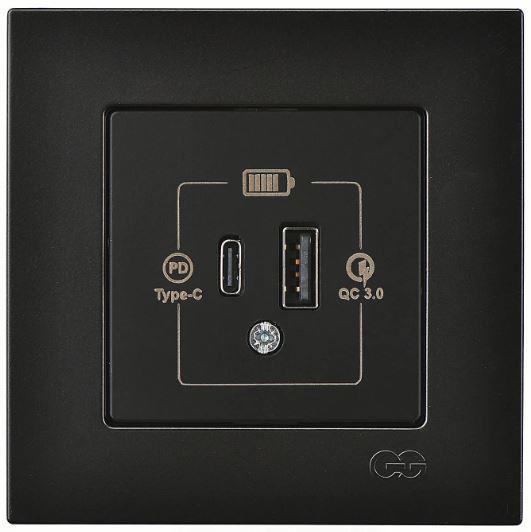 2 Çıkışlı USB Şarj Prizi, 20W, Type C + Type A Metalik Siyah