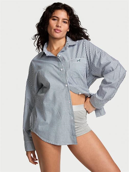 Pamuklu Poplin Oversize Düğmeli Uyku Gömleği