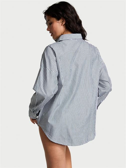Pamuklu Poplin Oversize Düğmeli Uyku Gömleği