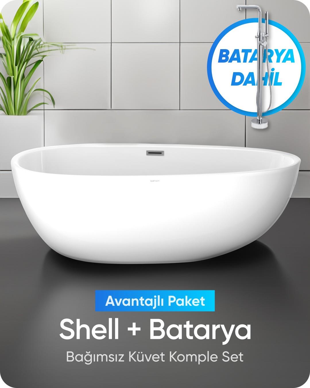 Shell Bağımsız Küvet Parlak Beyaz + Krom Ayaklı Batarya Seti