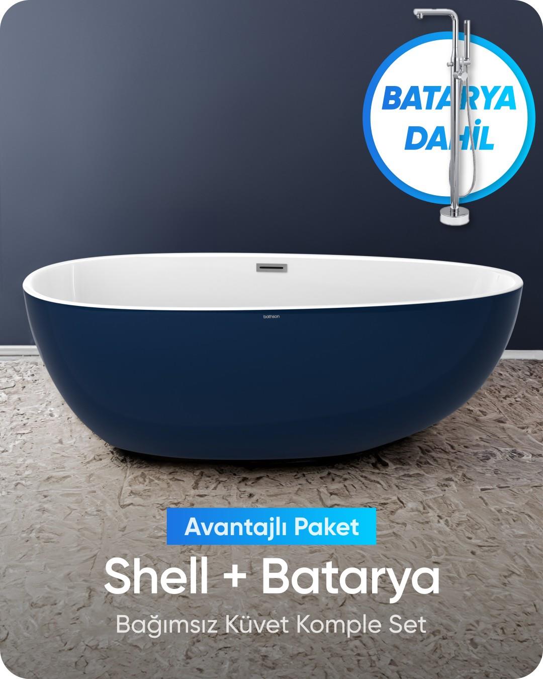 Shell Bağımsız Küvet Parlak Gece Mavisi / Beyaz + Krom Ayaklı Batarya Seti