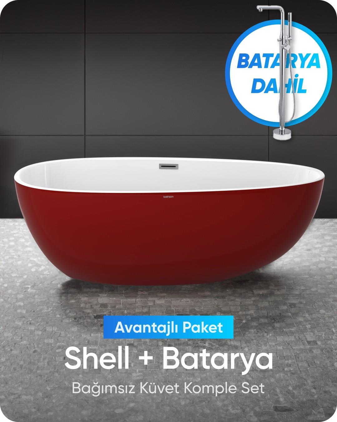 Shell Bağımsız Küvet Parlak Kırmızı / Beyaz + Krom Ayaklı Batarya Seti