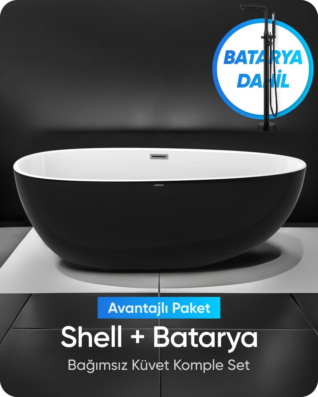 Shell Bağımsız Küvet Parlak Siyah / Beyaz + Krom Ayaklı Batarya Seti