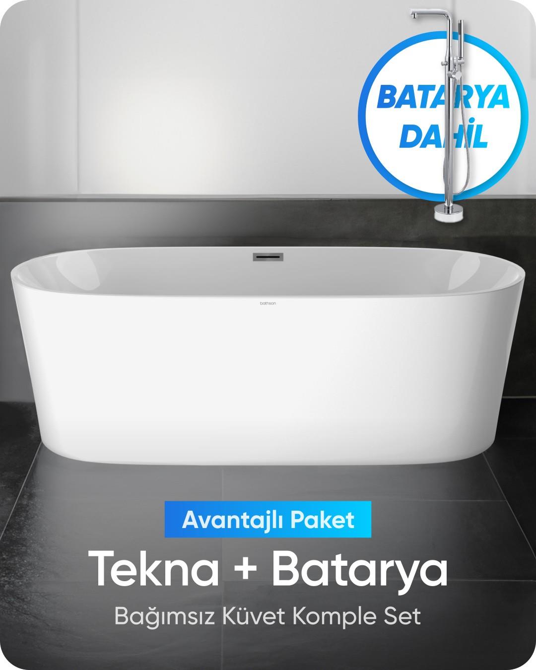 Tekna Bağımsız Küvet Parlak Beyaz + Krom Ayaklı Batarya Seti