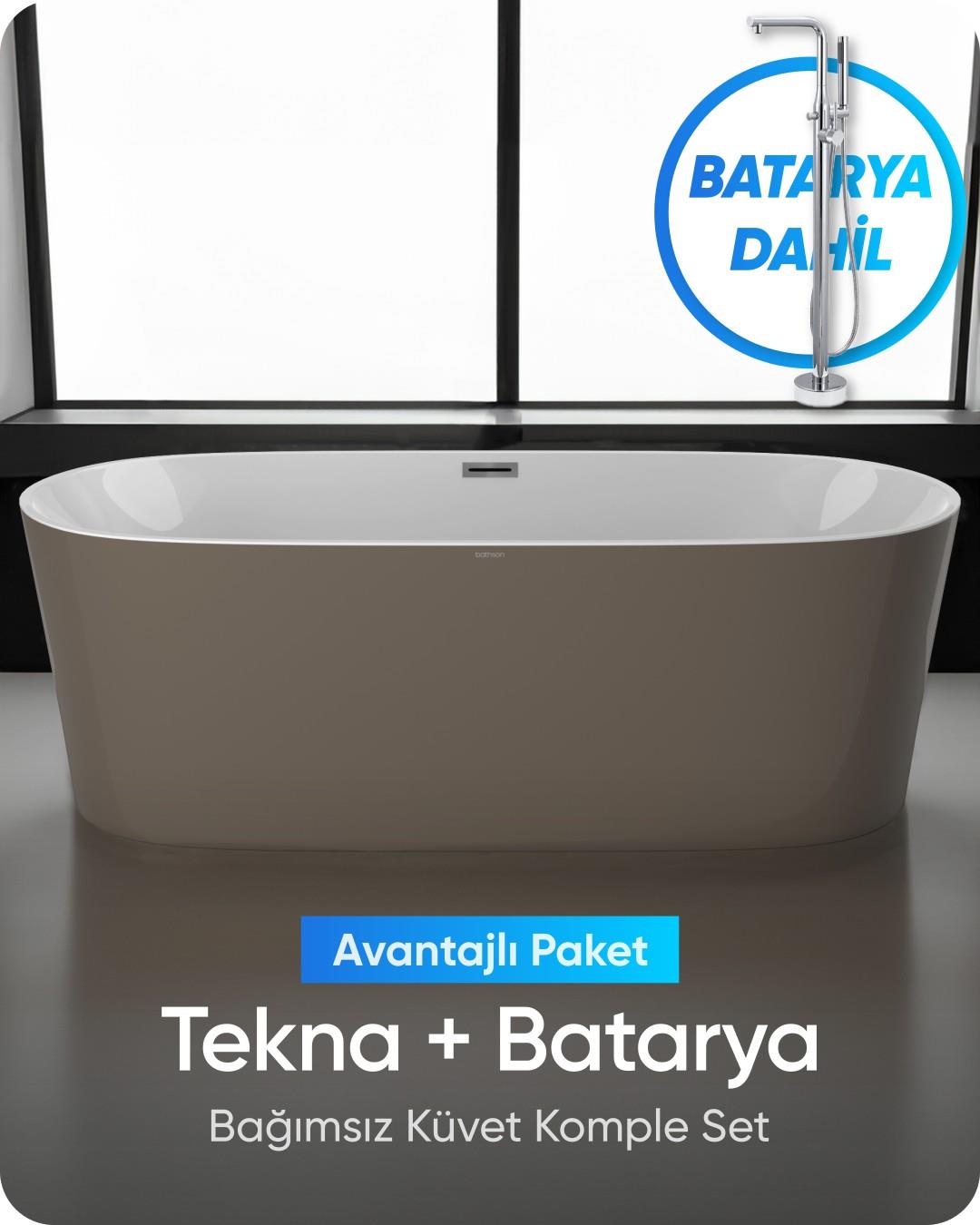 Tekna Bağımsız Küvet Parlak Kahve / Beyaz + Krom Ayaklı Batarya Seti