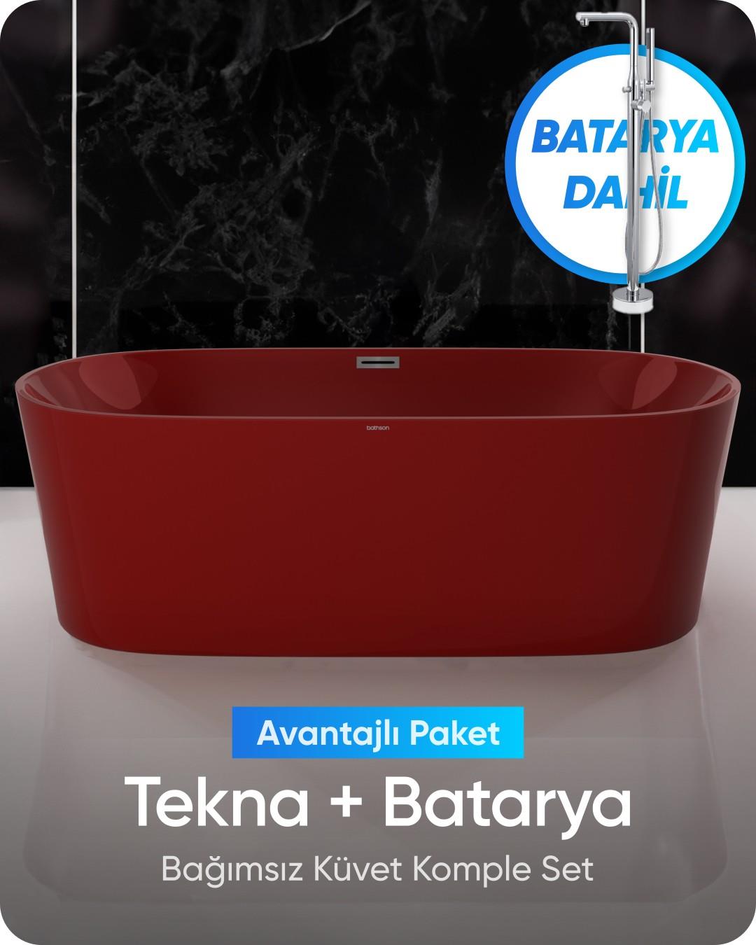 Tekna Bağımsız Küvet Parlak Kırmızı + Krom Ayaklı Batarya Seti