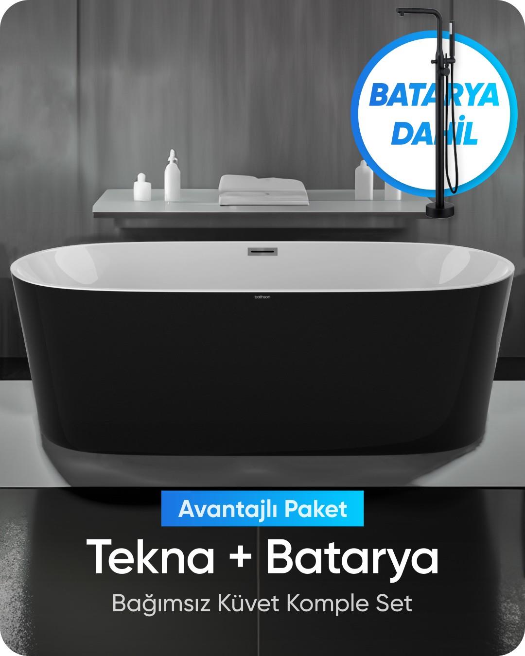 Tekna Bağımsız Küvet Parlak Siyah / Beyaz + Mat Siyah Ayaklı Batarya Seti