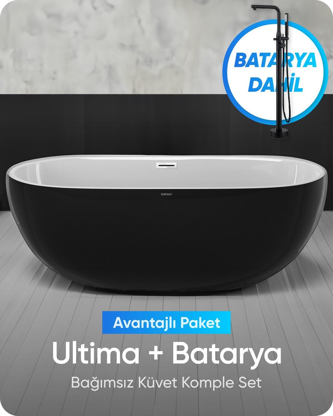 Ultima Bağımsız Küvet Parlak Siyah / Beyaz + Mat Siyah Ayaklı Batarya Seti