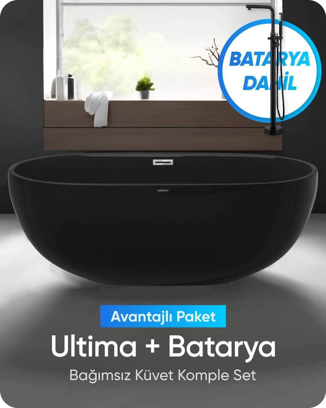Ultima Bağımsız Küvet Parlak Siyah + Mat Siyah Ayaklı Batarya Seti