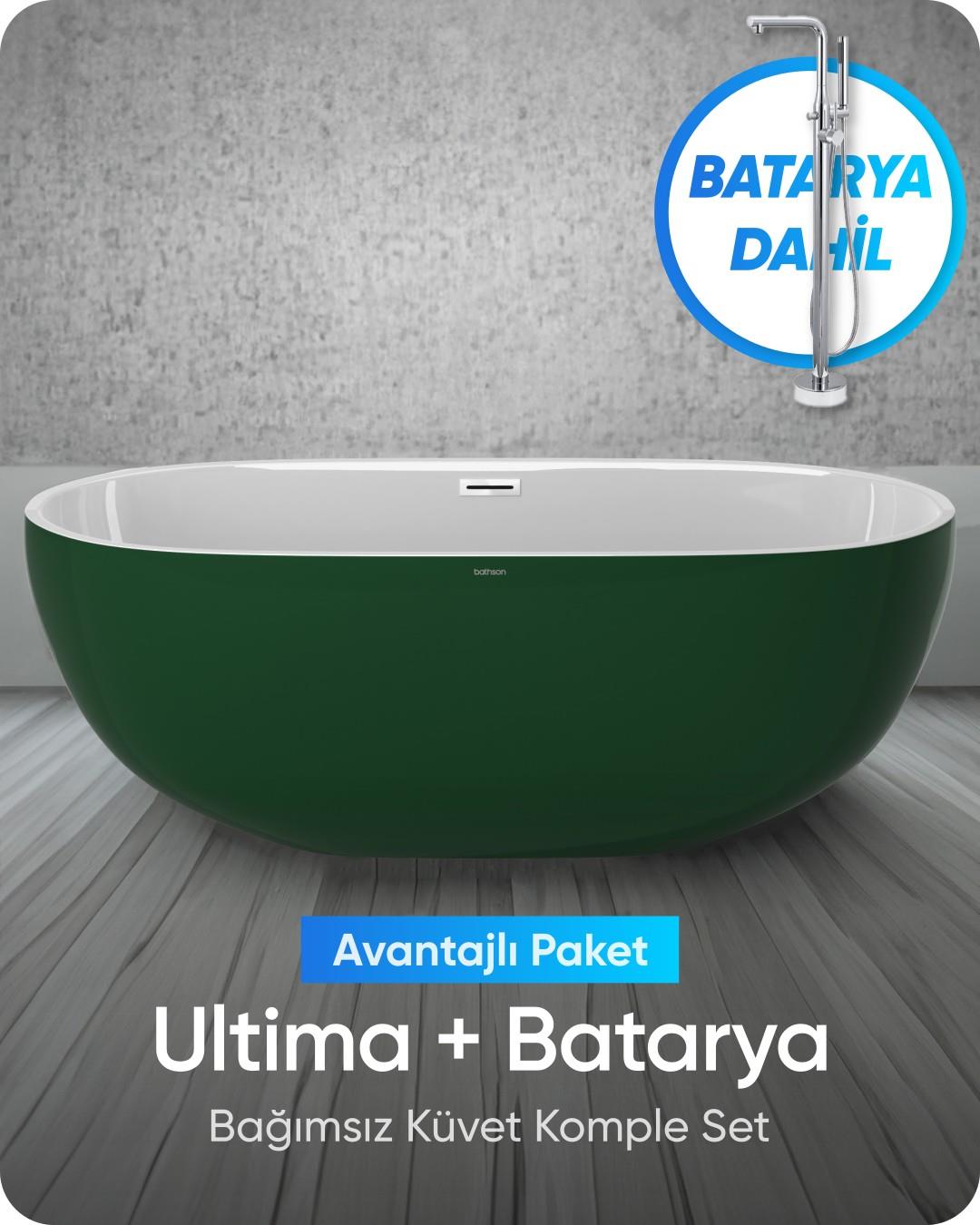 Ultima Bağımsız Küvet Parlak Yeşil / Beyaz + Krom Ayaklı Batarya Seti