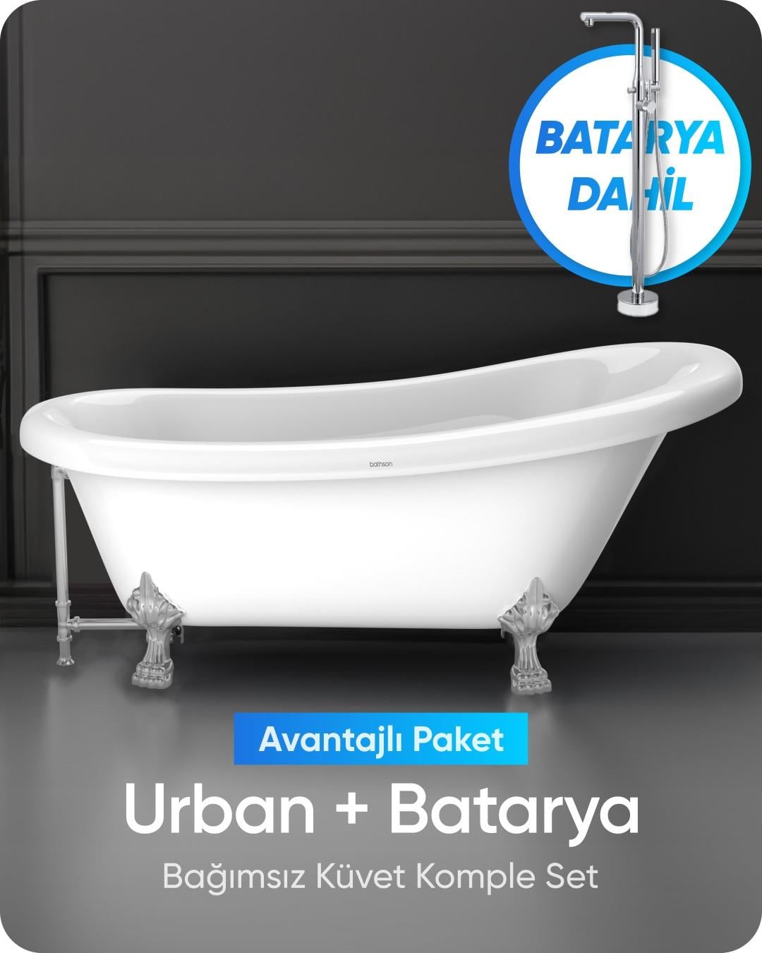 Urban Bağımsız Küvet Parlak Beyaz + Krom Ayaklı Batarya Seti