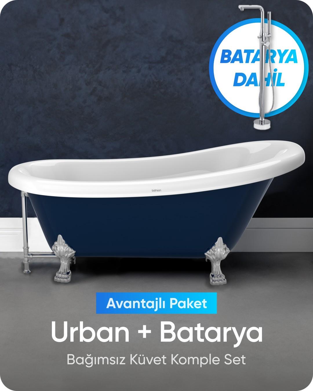 Urban Bağımsız Küvet Parlak Gece Mavisi / Beyaz + Krom Ayaklı Batarya Seti