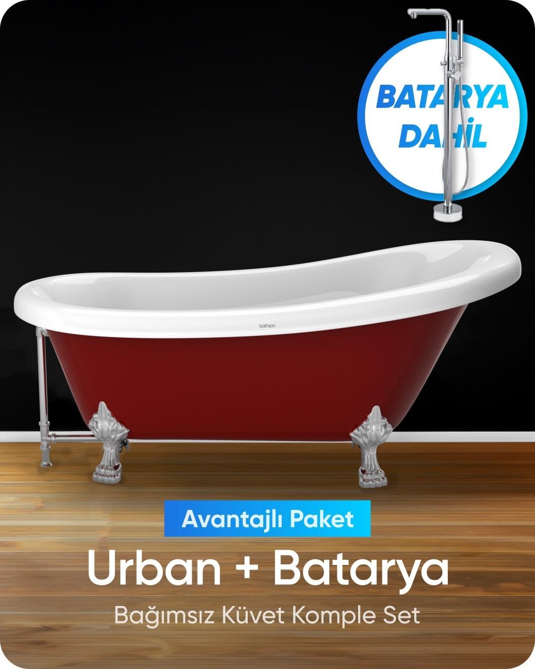 Urban Bağımsız Küvet Parlak Kırmızı / Beyaz + Krom Ayaklı Batarya Seti