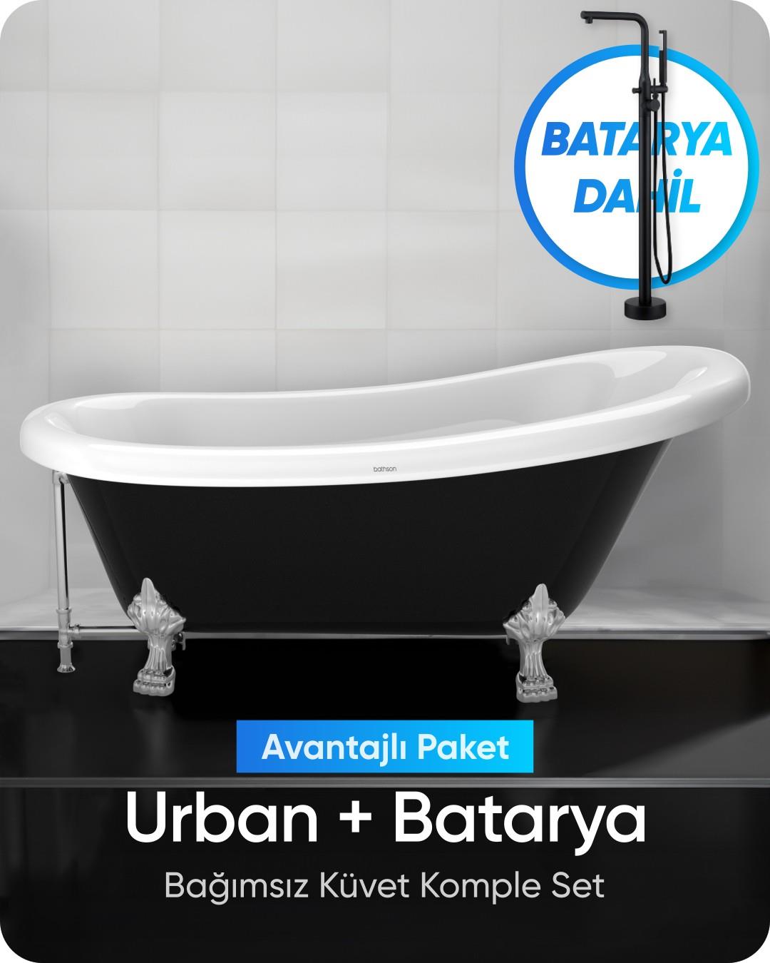 Urban Bağımsız Küvet Parlak Siyah / Beyaz + Mat Siyah Ayaklı Batarya Seti