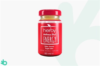 Herby Energy Shot - Guarana, Ginseng, B6 Vitamini, Mate, Hindistan Cevizi Suyu, Muz Püresi, Elma Suyu, Limon Suyu - Organik, Vegan, Glutensiz, %100 Doğal - 12'li 60ml