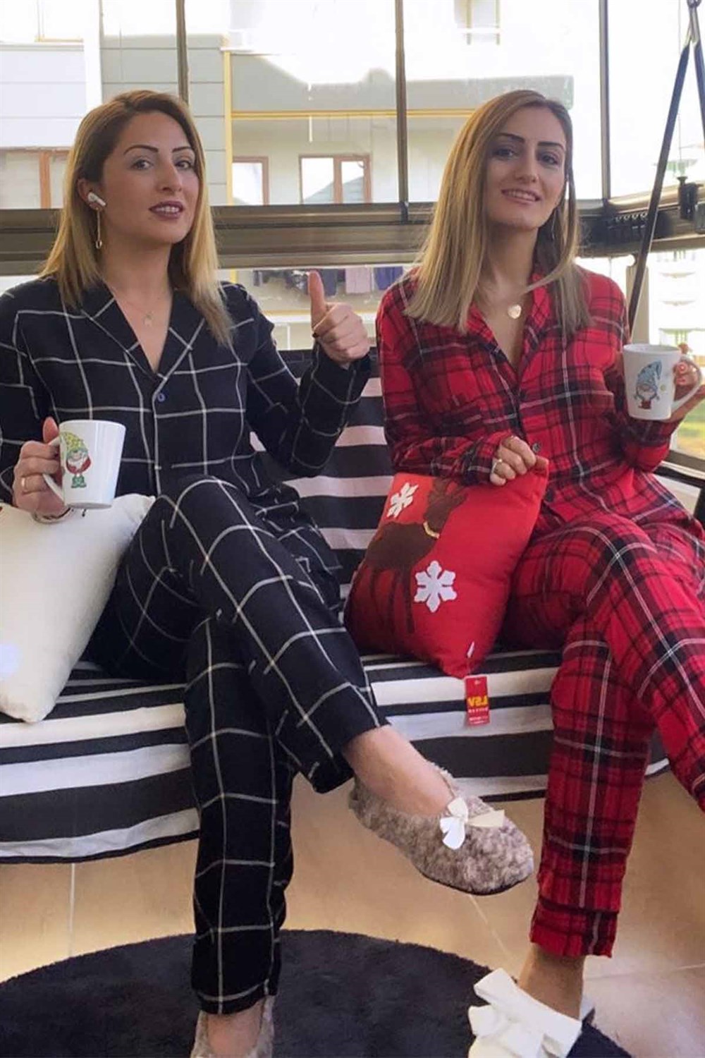 Kareli Bel Lastikli Düğme Detaylı Pijama Takımı- Siyah