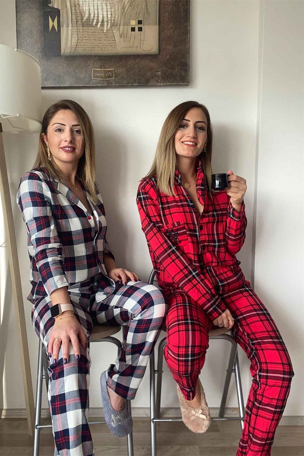 Kareli Bel Lastikli Düğme Detaylı Pijama Takımı- Kırmızı
