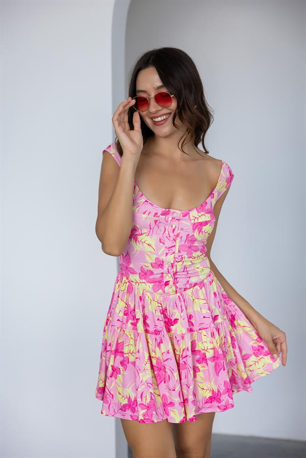 Desenli Kısa Elbise - PEMBE