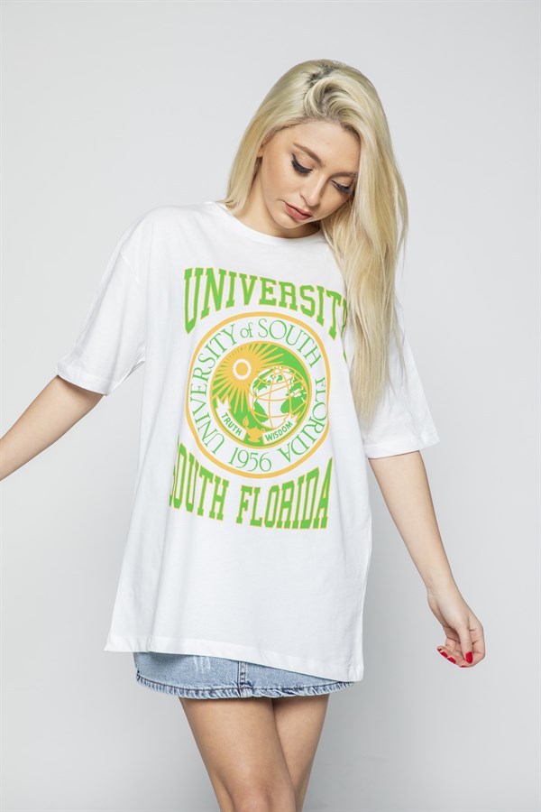 Universty Baskılı T-shirt Beyaz