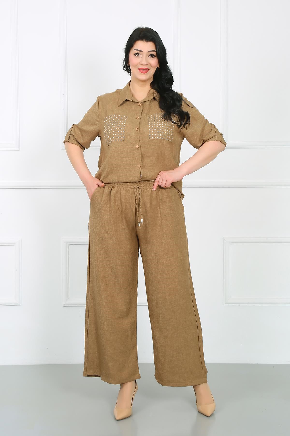 Kadın Açık Kahve Beli Lastikli Soft Keten Büyük Beden Pantolon