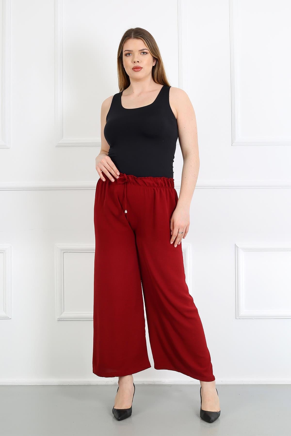 Kadın Bordo Ayrobin Kumaş Beli Lastikli Standart Beden Pantolon