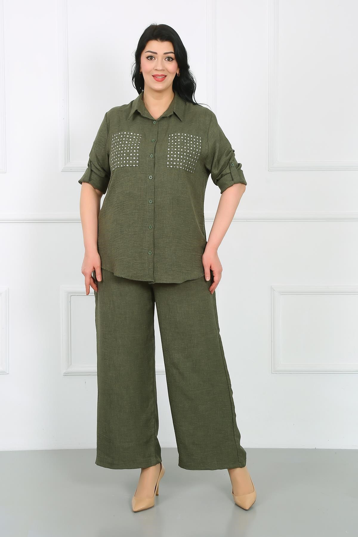 Kadın Haki Beli Lastikli Soft Keten Büyük Beden Pantolon