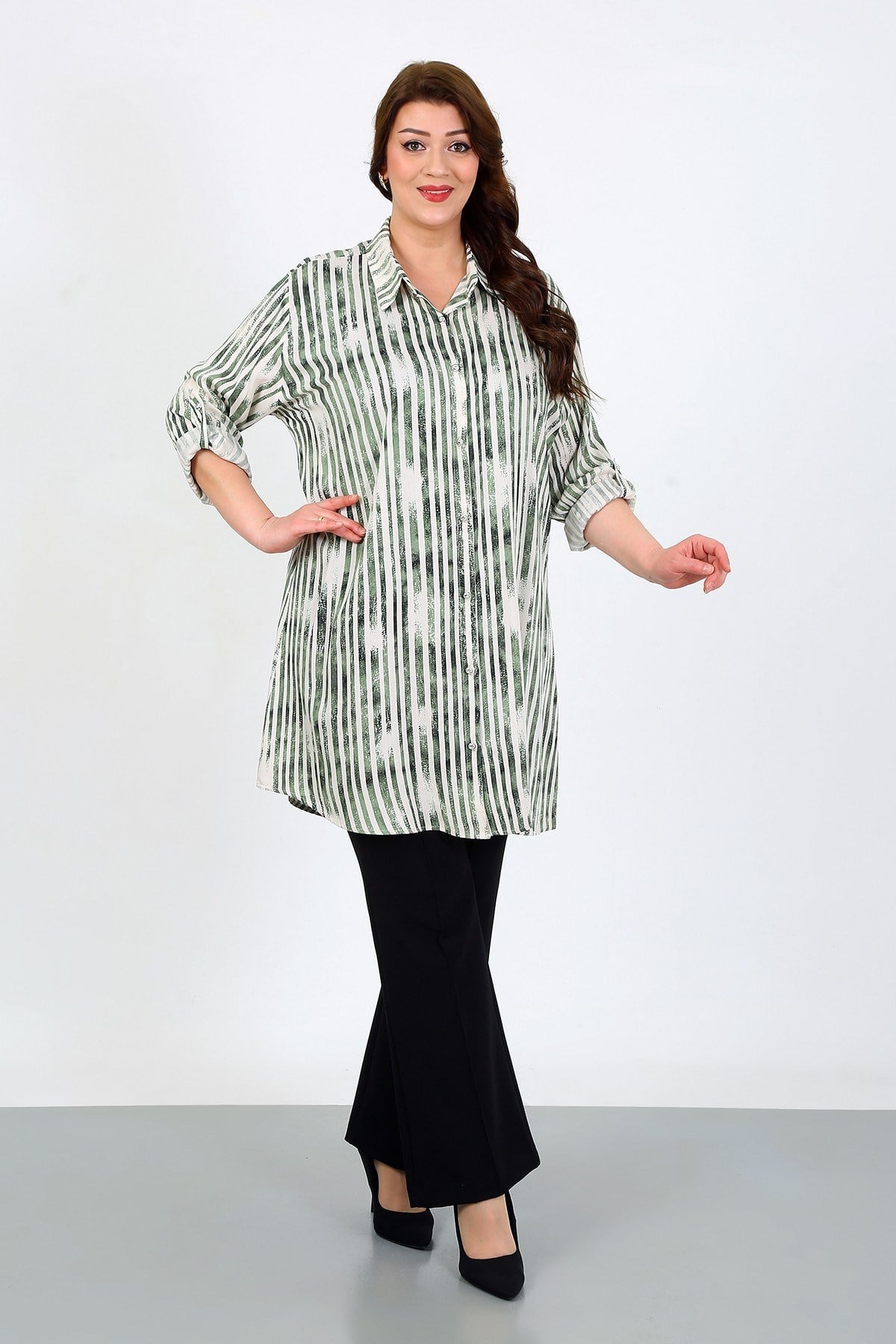 Kadın Haki Çizgili Pamuk Viskon Büyük Beden Tunik