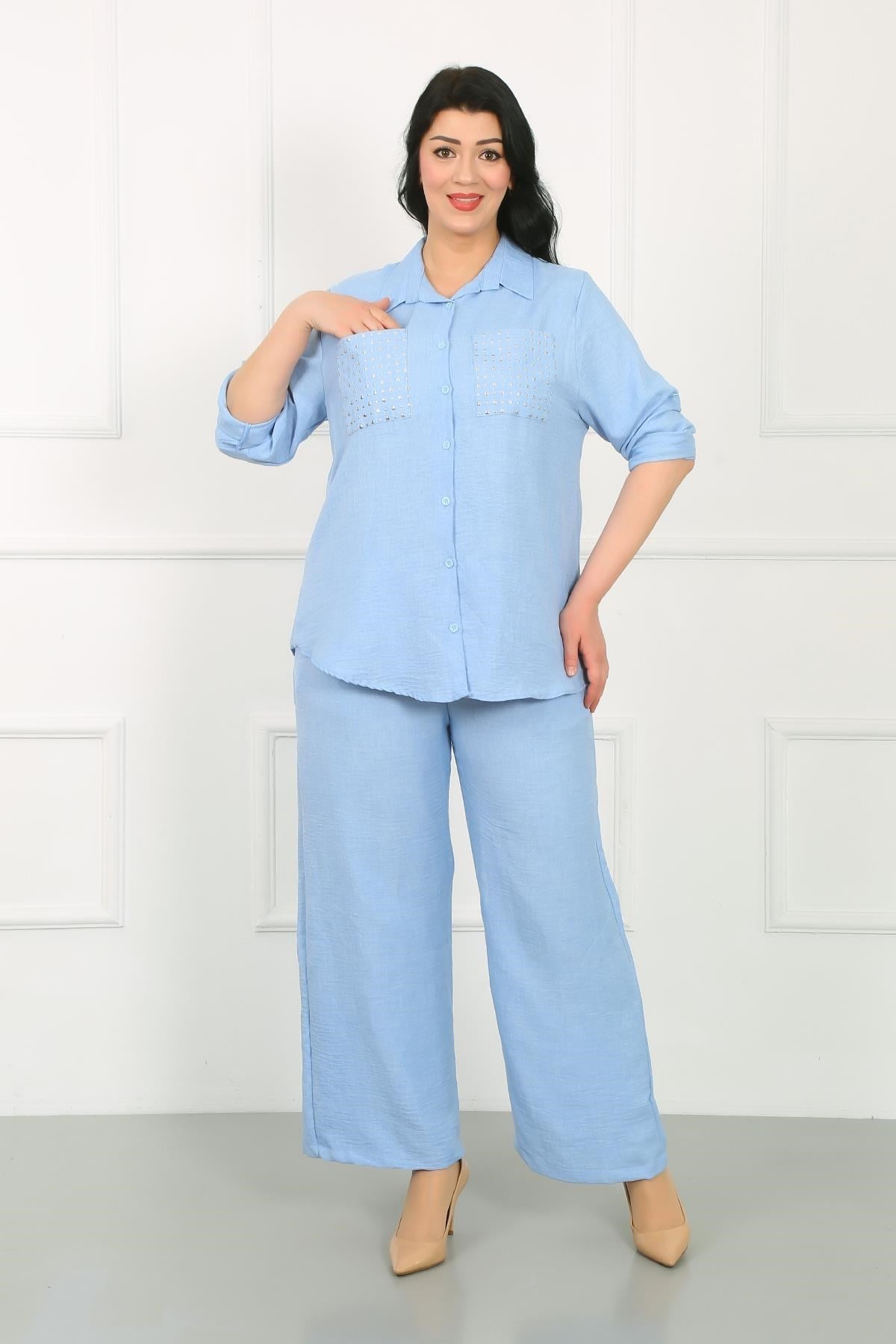 Kadın İndigo Beli Lastikli Soft Keten Büyük Beden Pantolon