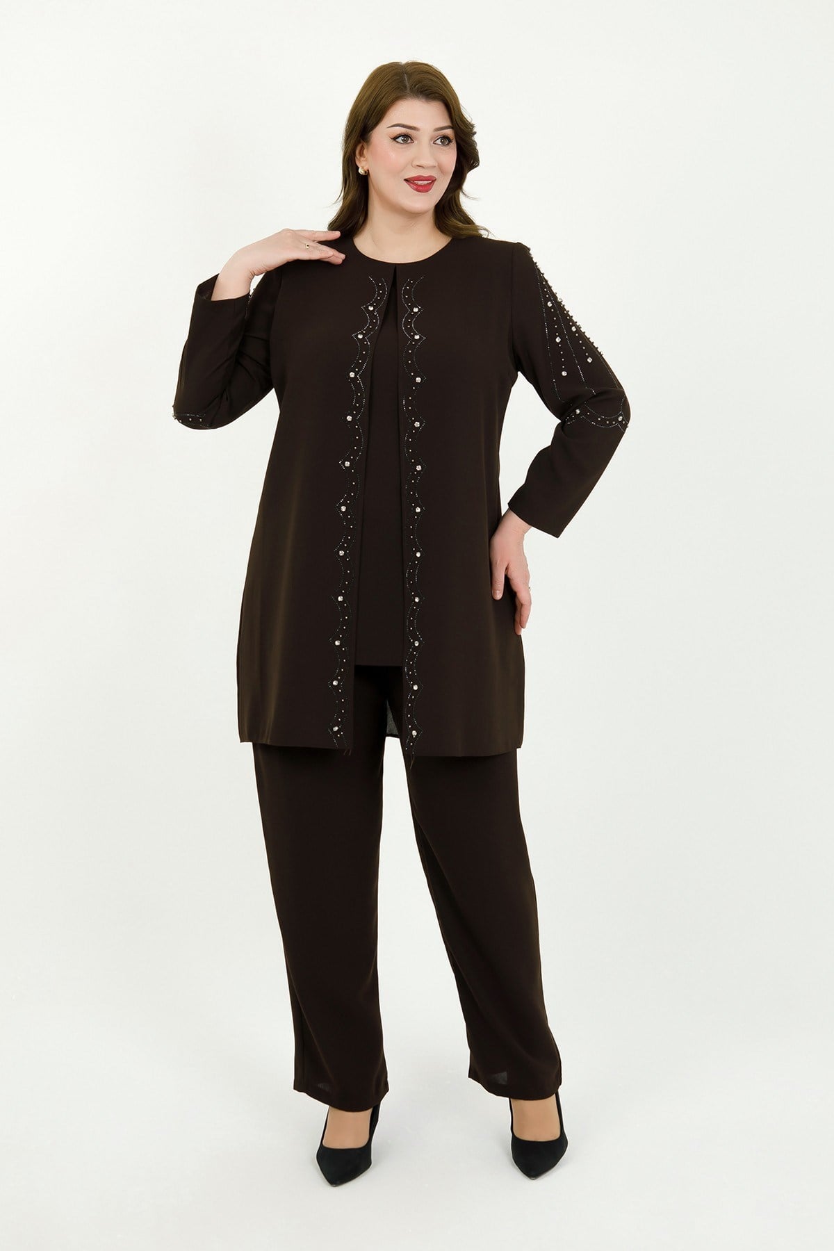 Kadın Kahverengi Taş İşlemeli Şık İkili Büyük Beden Abiye Takım