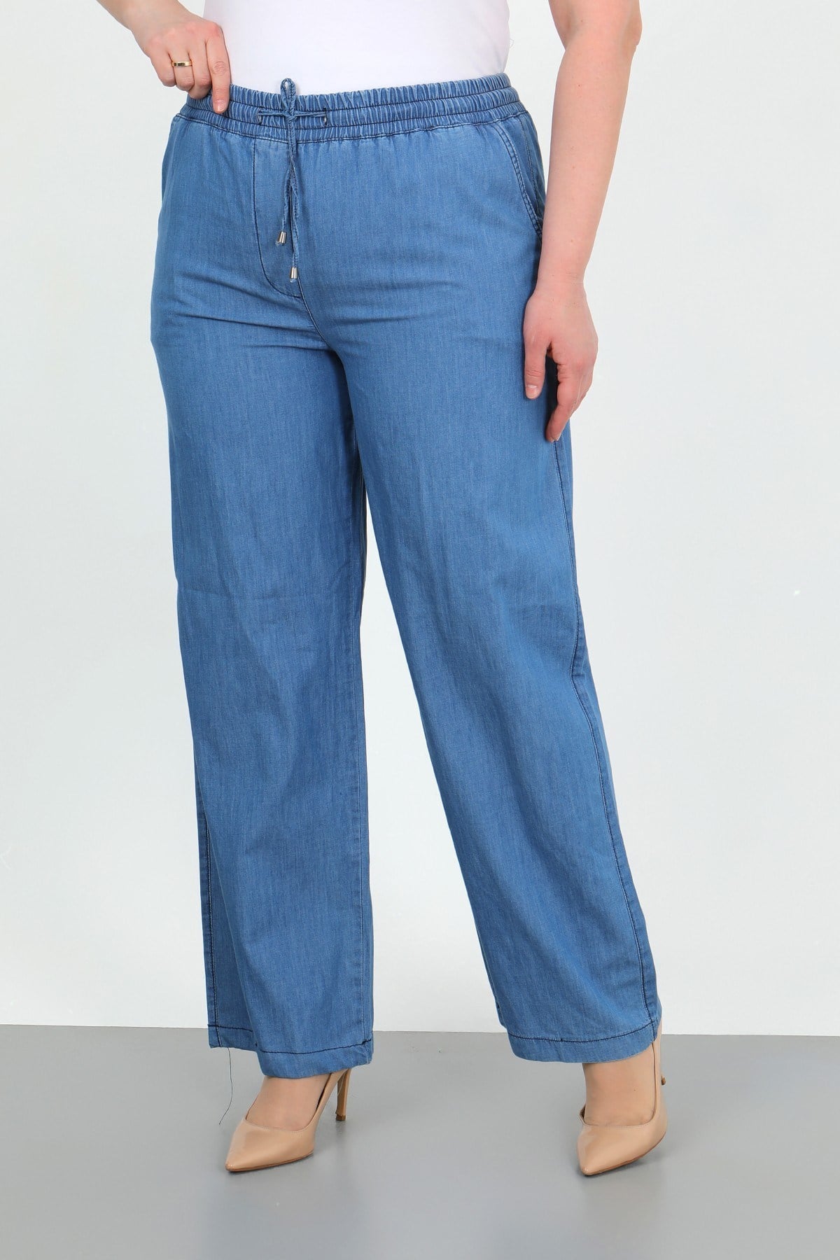 Kadın Kot Beli Lastikli Bol Paça Büyük Beden Pantolon