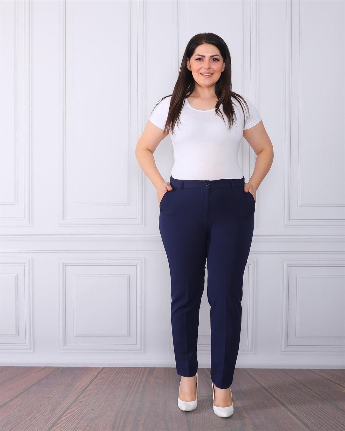 Kadın Lacivert Beli Lastikli Dabıl Büyük Beden Pantolon