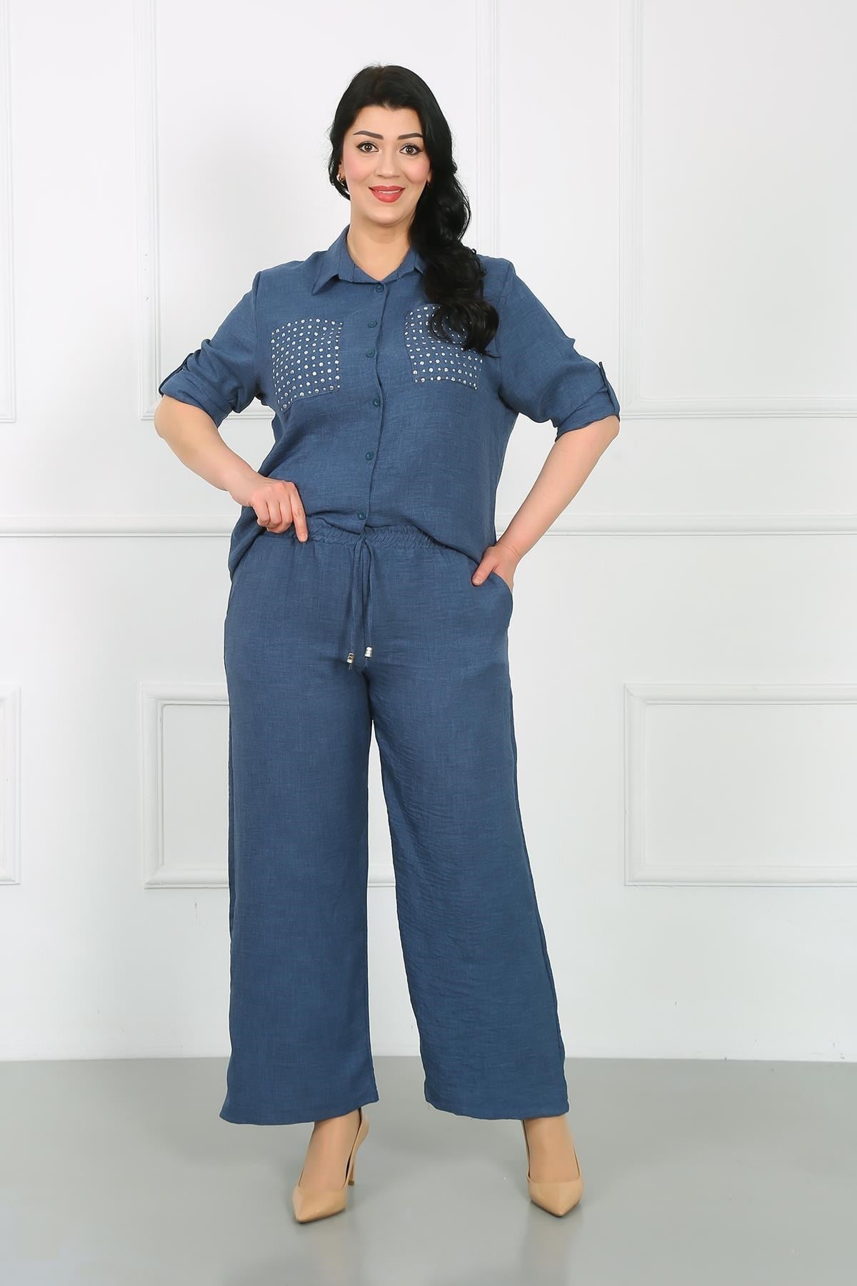 Kadın Lacivert Beli Lastikli Soft Keten Büyük Beden Pantolon