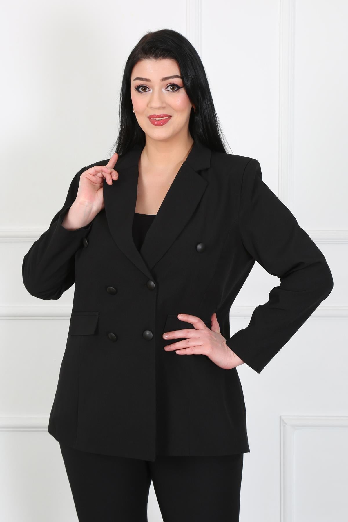 Kadın Siyah Dabıl Kumaş Blazer Büyük Beden Ceket