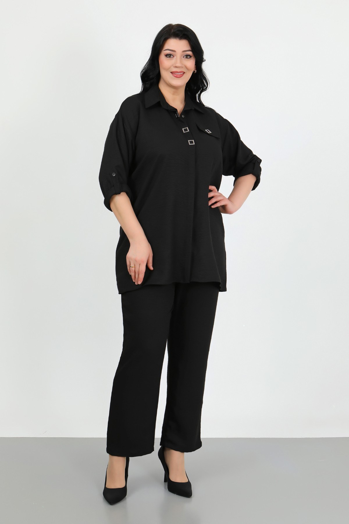 Kadın Siyah Soft Keten Pantolon Gömlek Büyük Beden İkili Takım 