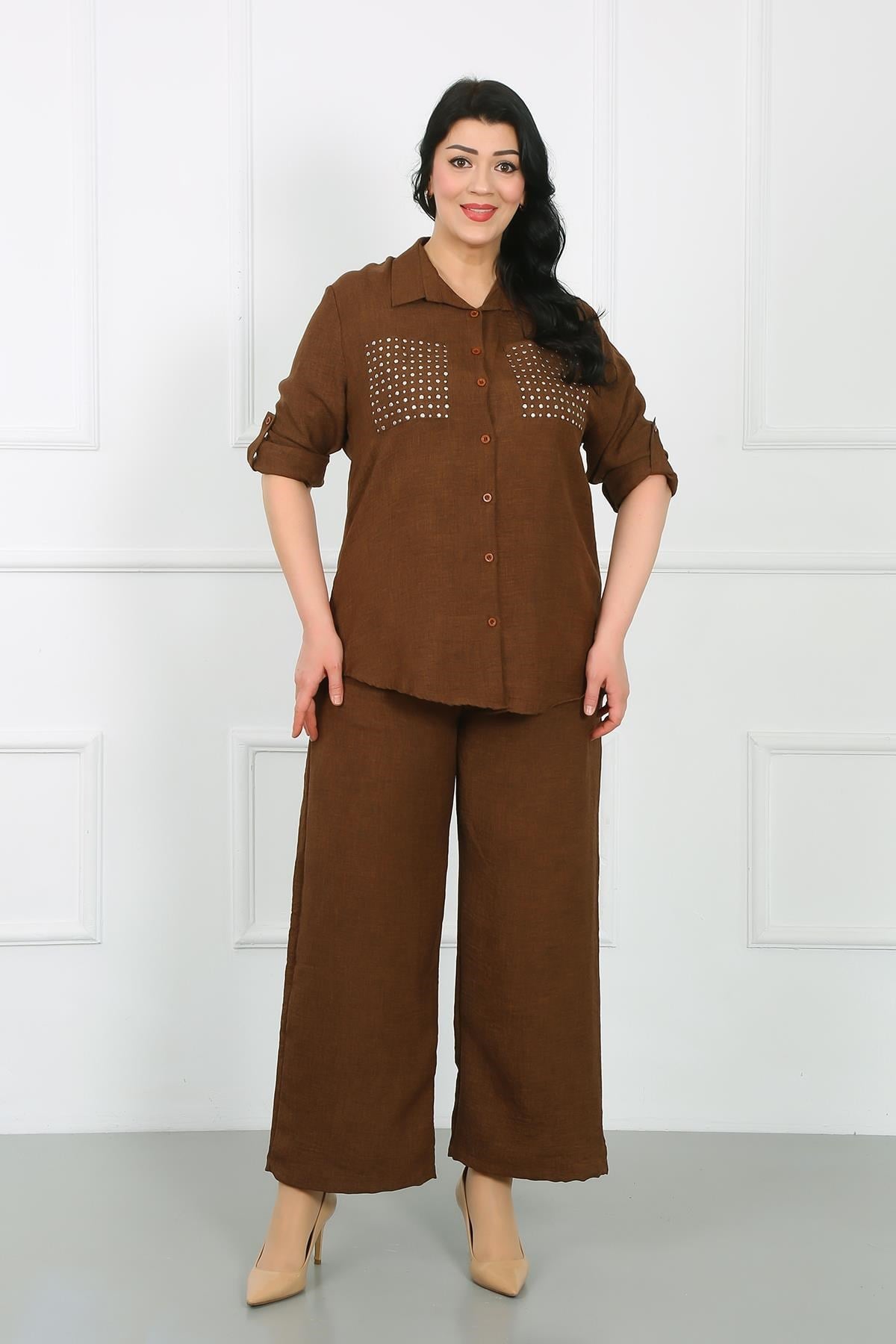 Kadın Taba Beli Lastikli Soft Keten Büyük Beden Pantolon