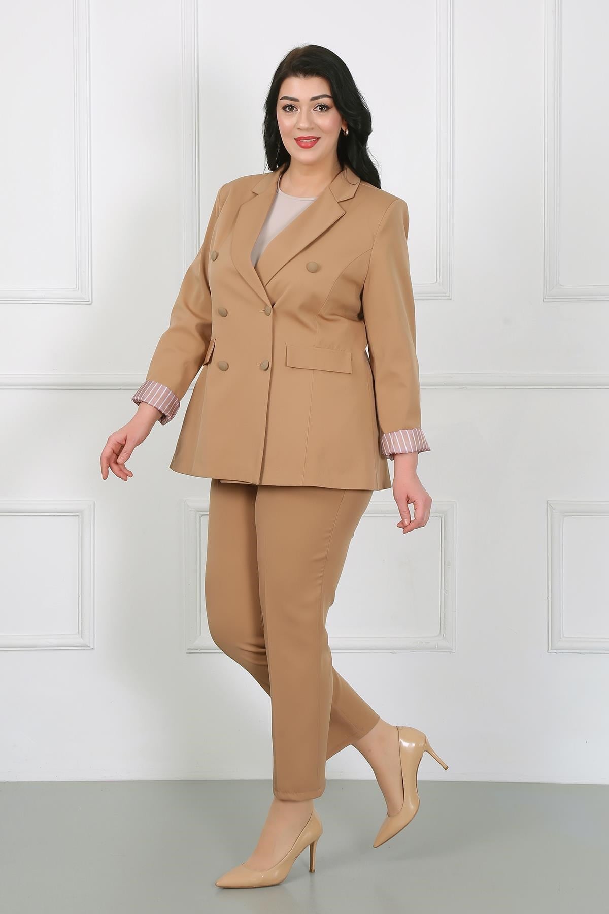 Kadın Taba Dabıl Kumaş Blazer Büyük Beden Ceket