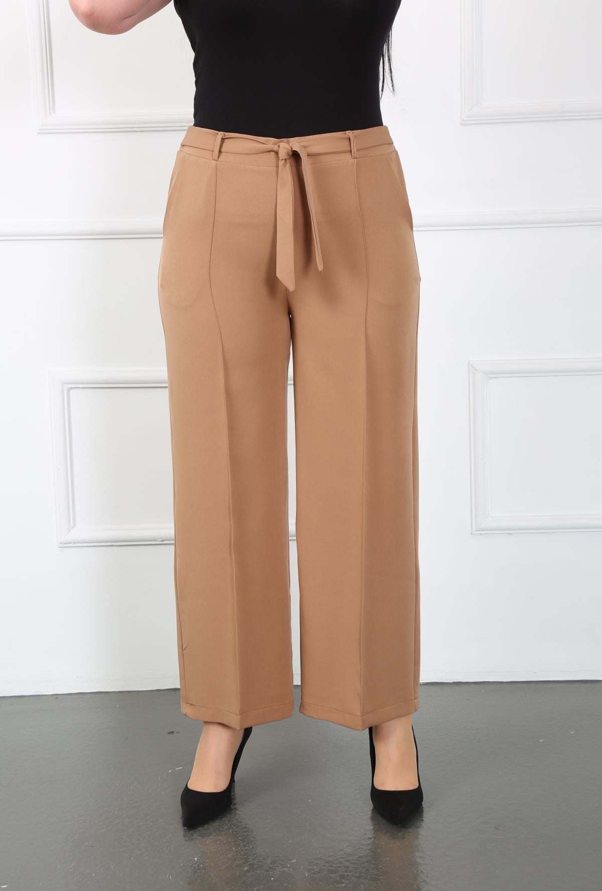 Kadın Taba Dabıl Kumaş Kemer Detay Beli Lastikli Geniş Paça Pantolon