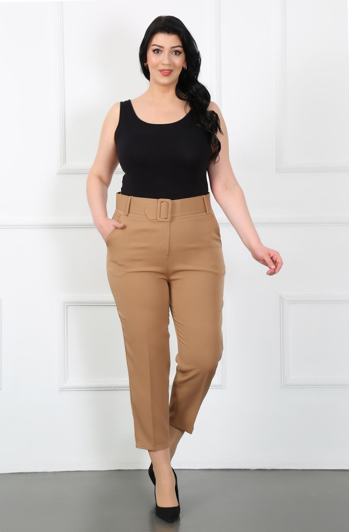 Kadın Taba Kalın Kemerli Dabıl Büyük Beden Pantolon