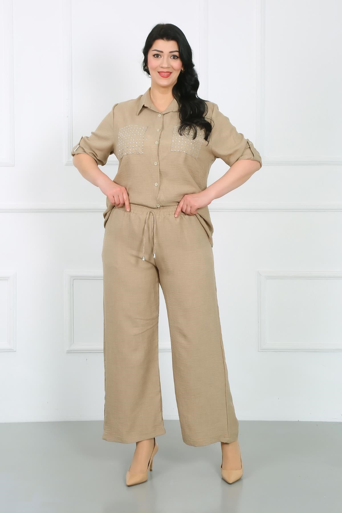 Kadın Vizon Beli Lastikli Soft Keten Büyük Beden Pantolon