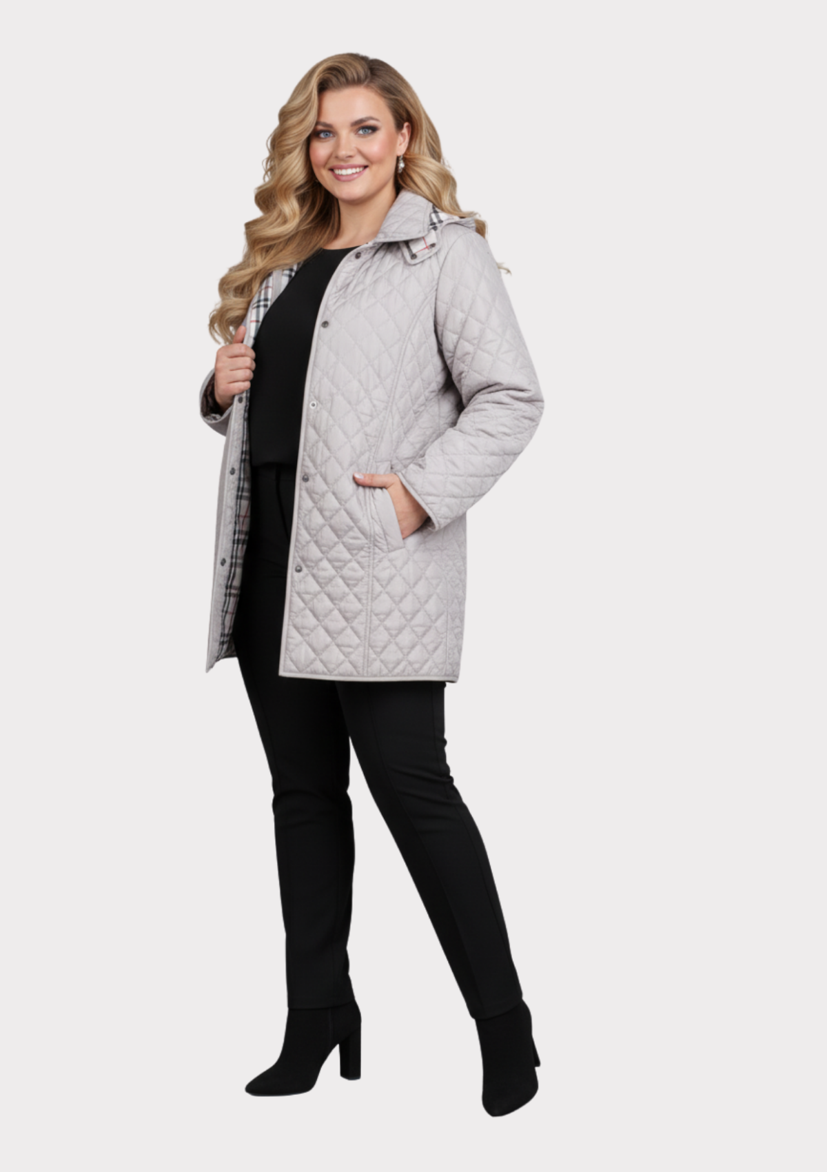 Büyük Beden Bej Renk İçi Ekose Desenli Kapitone Mont