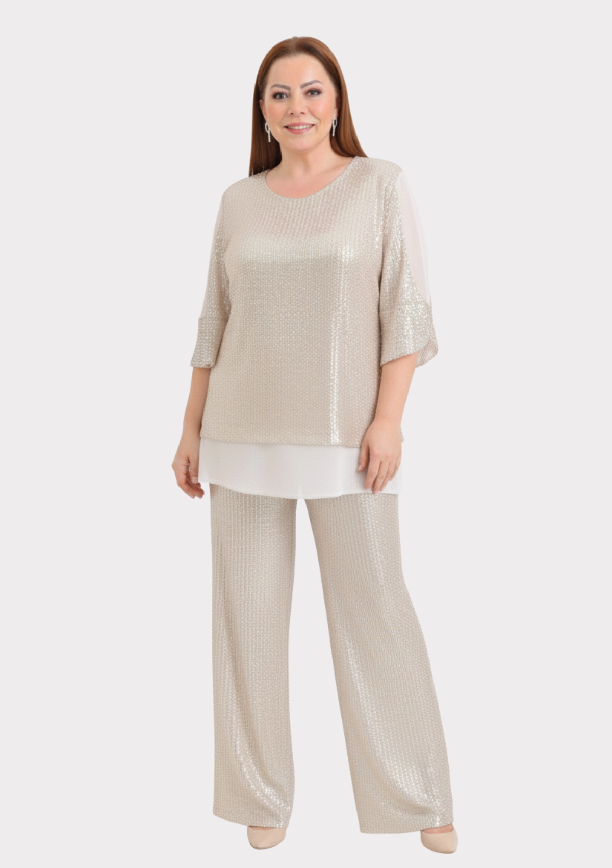 Büyük Beden Bej Renkli Pul Payetli Pantolon