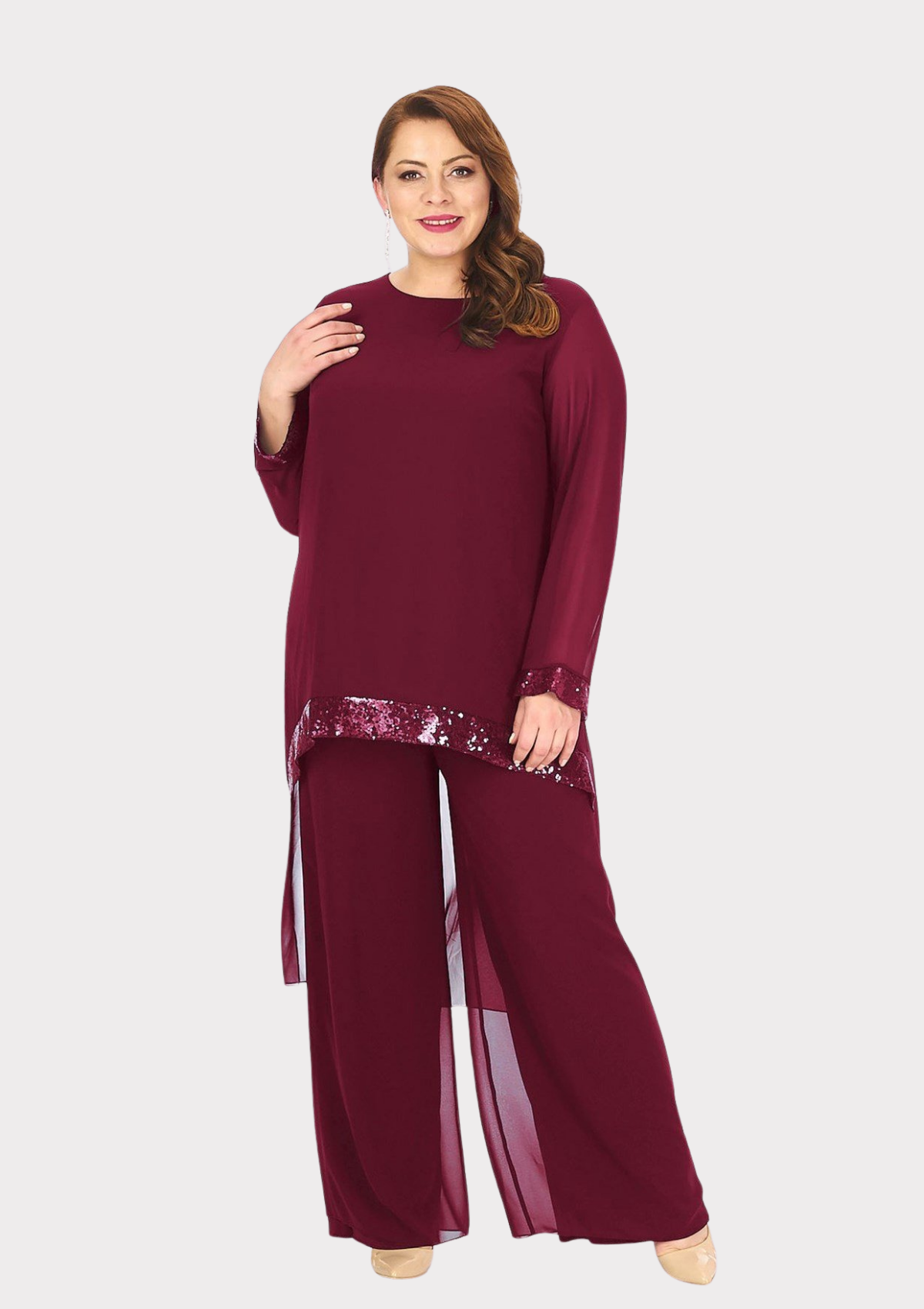 Büyük Beden Bordo Renkli Şifon Abiye Pantolon Bluz Takım