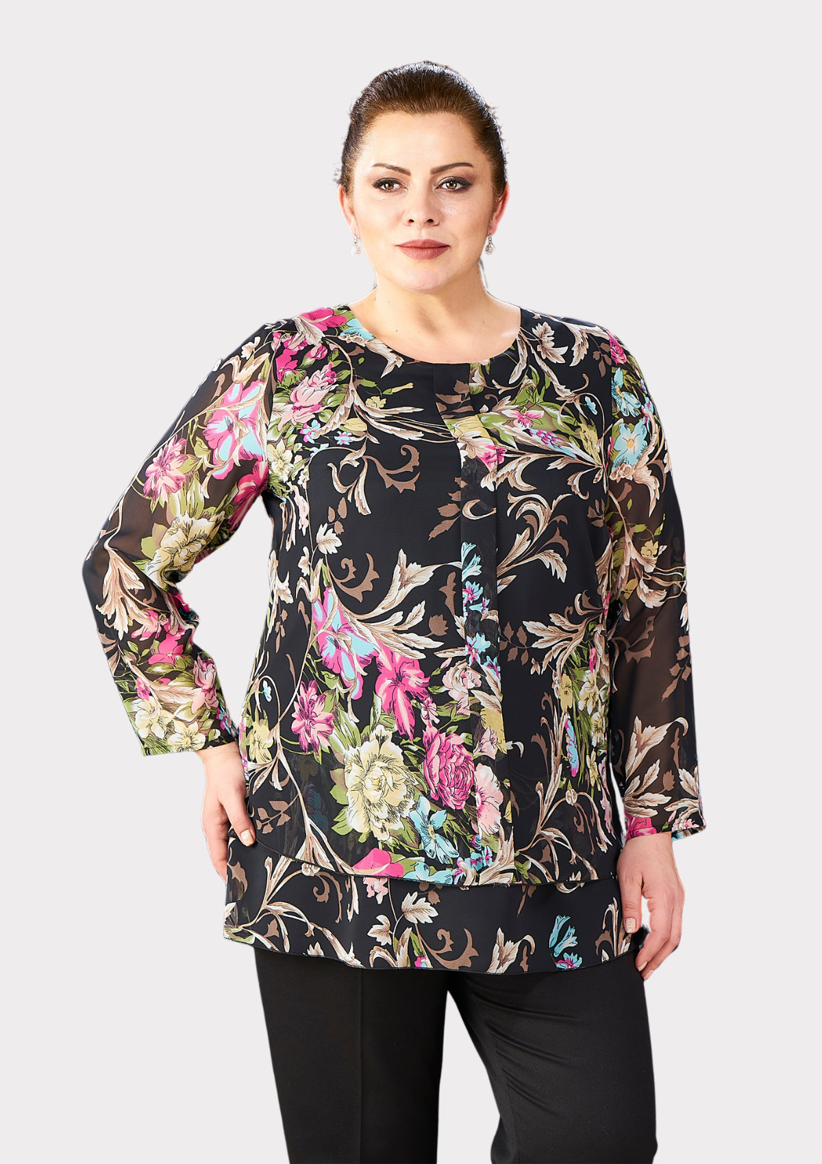 Büyük Beden Çalı Desenli Şifon Tunik