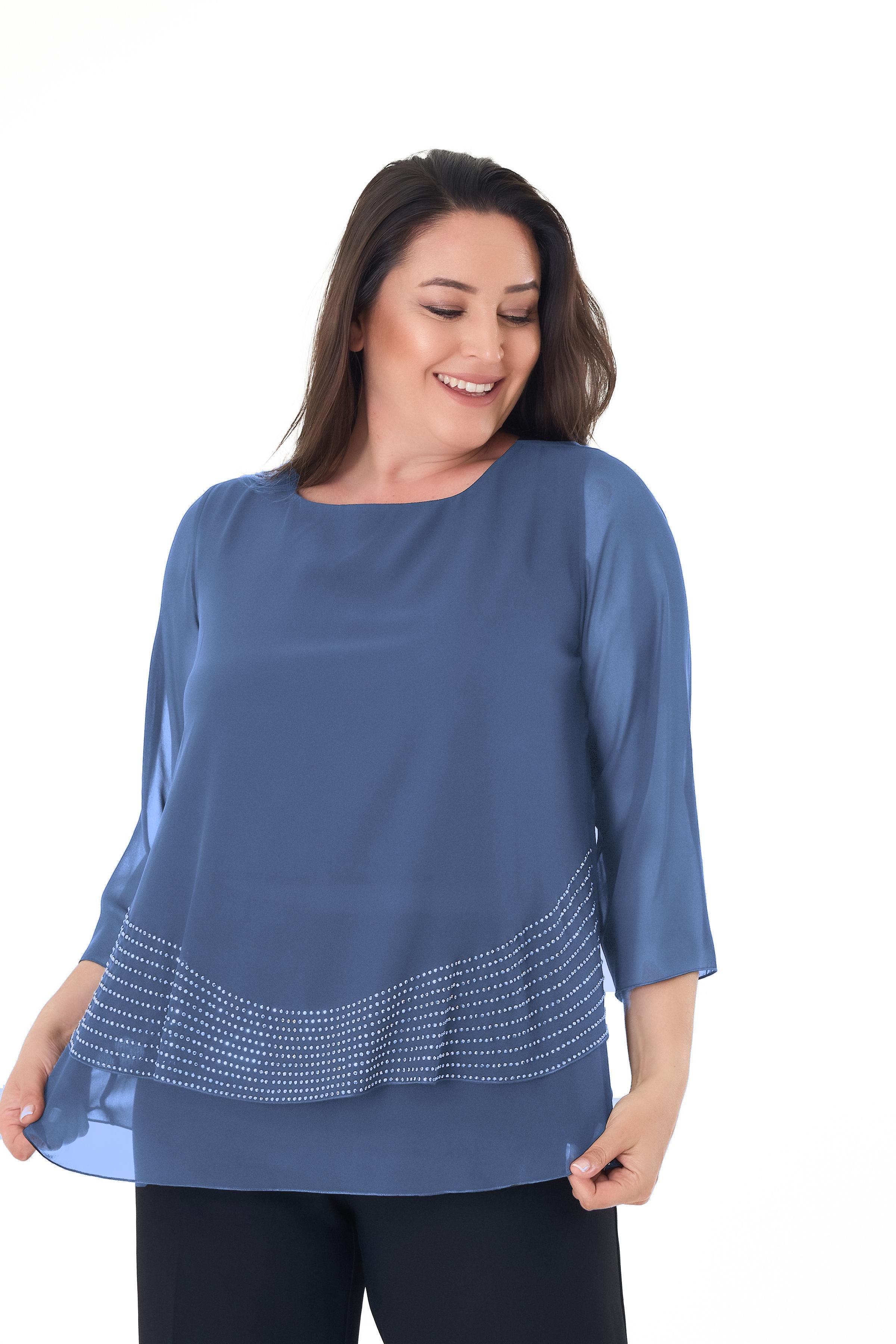 Büyük Beden İndigo Renkli Şifon Abiye Bluz