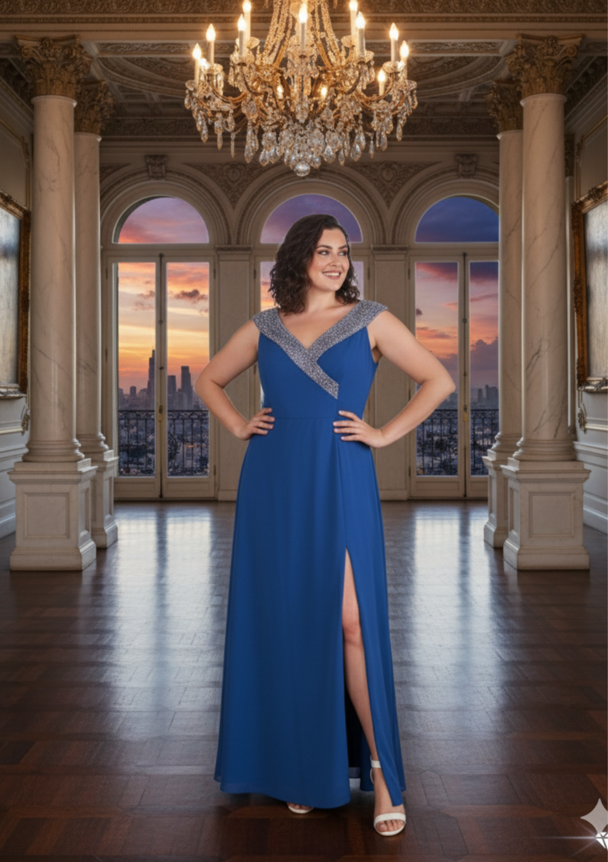 Büyük Beden İndigo Renkli Şifon Kayık Yaka Uzun Abiye Elbise