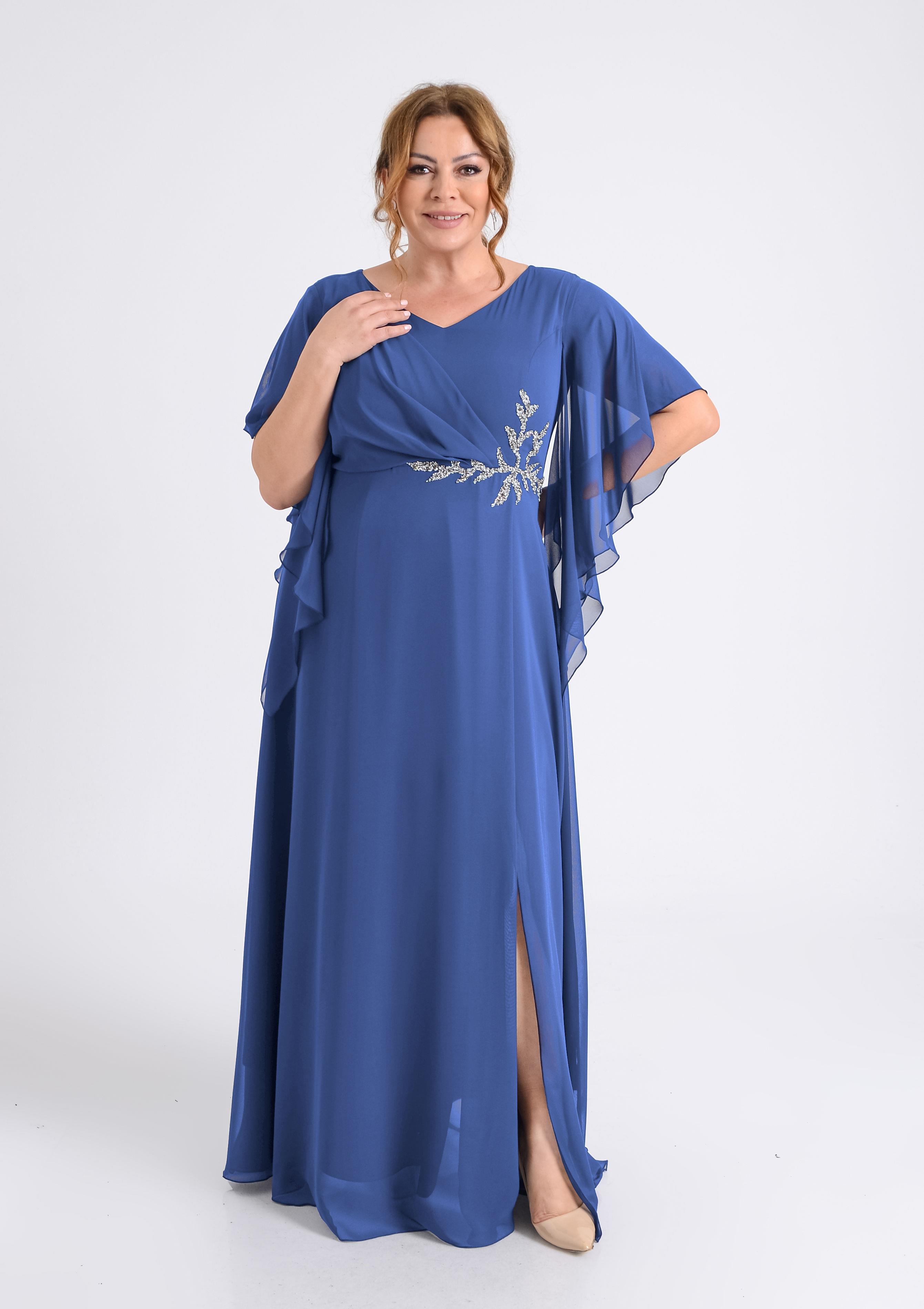 Büyük Beden İndigo Renkli Yırtmaçlı Uzun Şifon Abiye Elbise