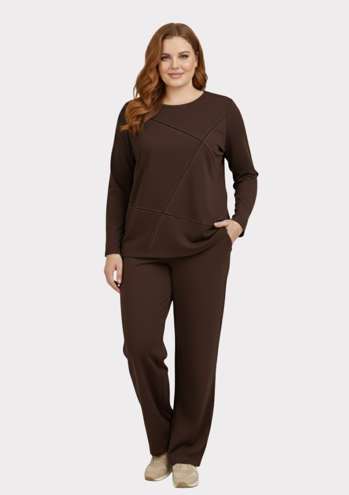 Büyük Beden Kahve Renkli Likralı Taş Baskılı Eşofman Takım